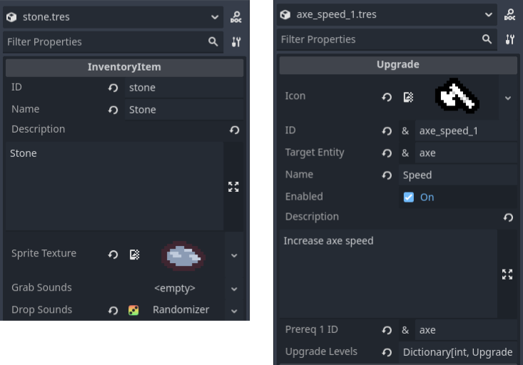 Screenshot of a stone and axe upgrade in the Godot editor