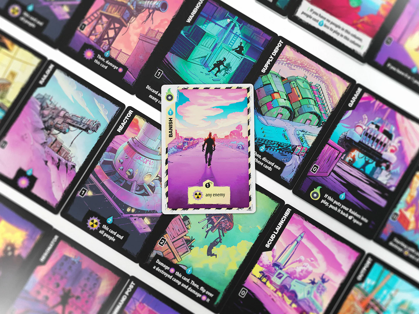 Neon colored cards from Radlands