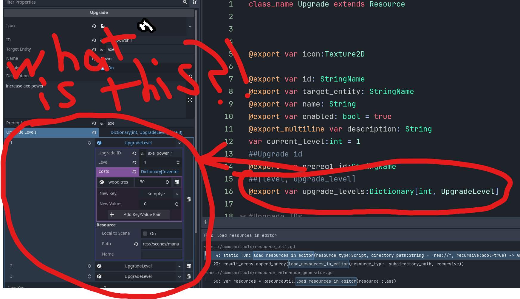 Screenshot of Godot editor with the resource manager circled and scrawled text “What is this?”