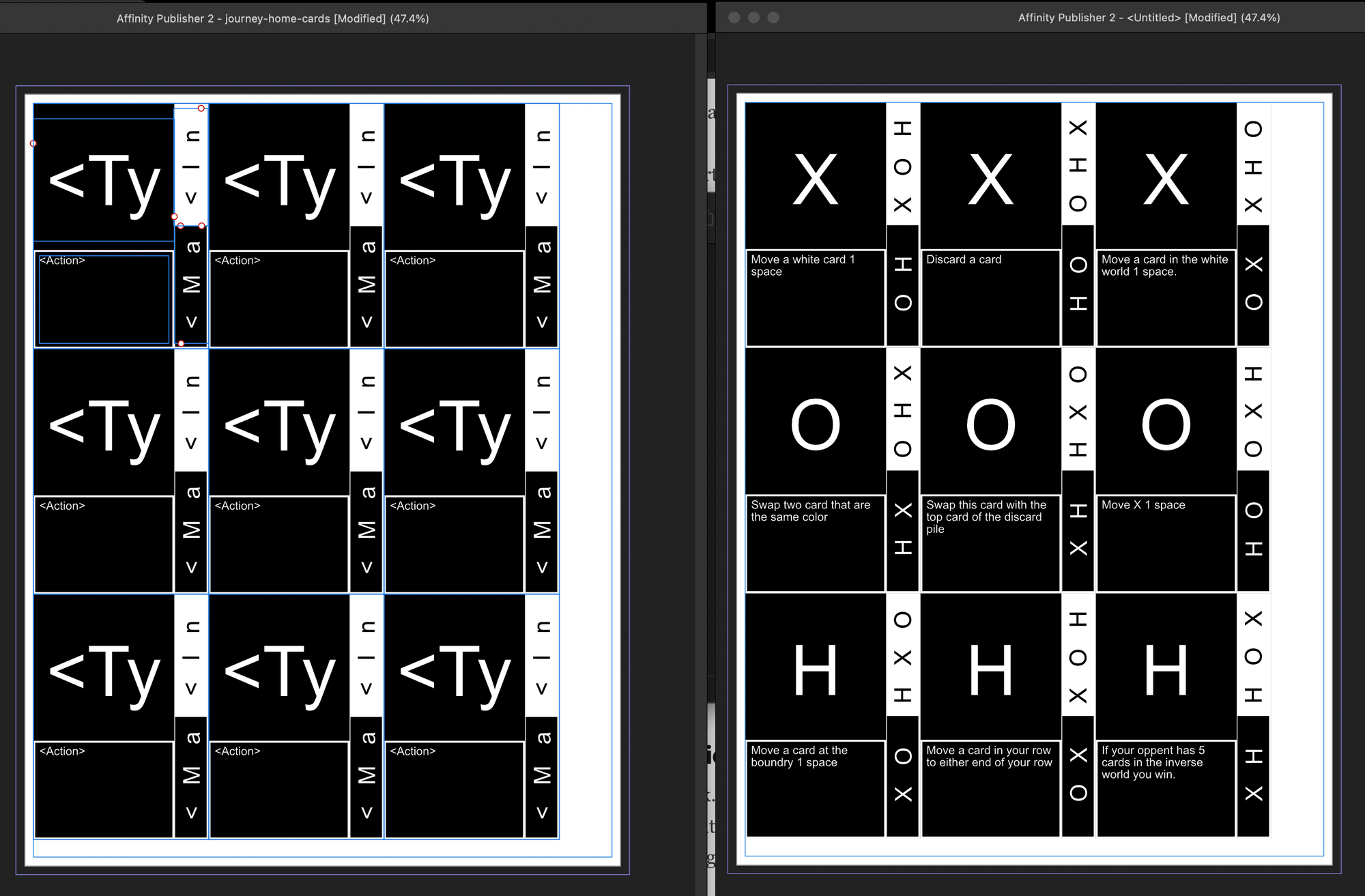 Side by side comparison of card template and generated sheet of cards