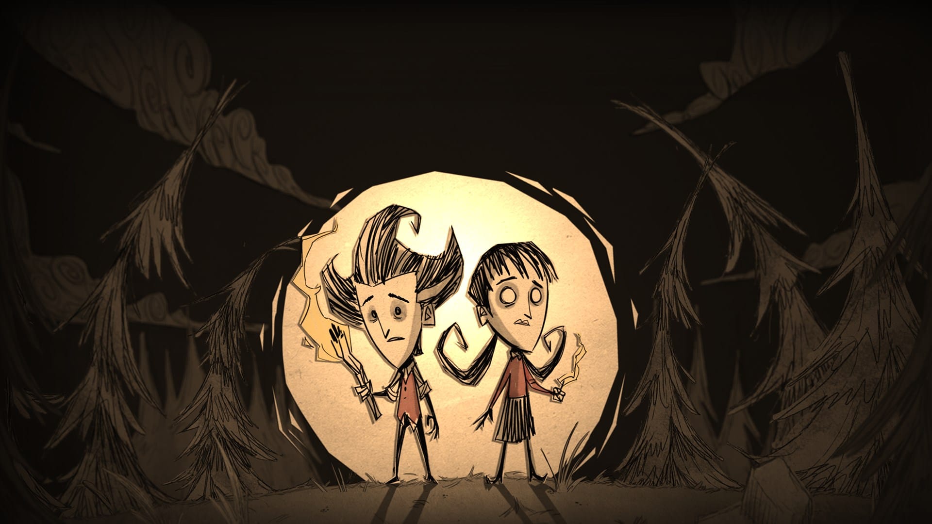 Drawing of two character from Don’t Starve standing in front of the full moon